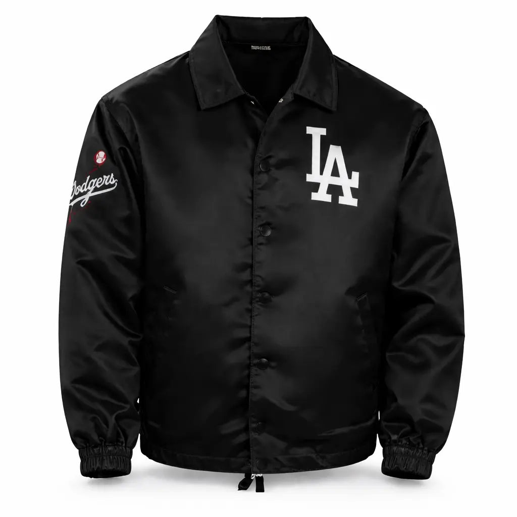 Men's LA Dodgers Satin Dugout Coach Jacket — Los Angeles Baseball Fan Jacket in Black & Royal Blue | Leveljacket - Leveljacket