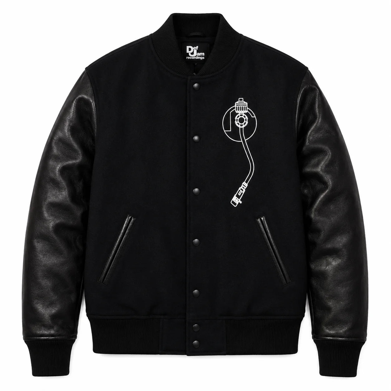 Front and back catalog layout of the Leveljacket Def Jam Recordings black varsity jacket, displaying a premium black wool body with black leather sleeves, custom white embroidered turntable needle art on the front chest, and a bold white Def Jam Recordings typography patch layout across the back.