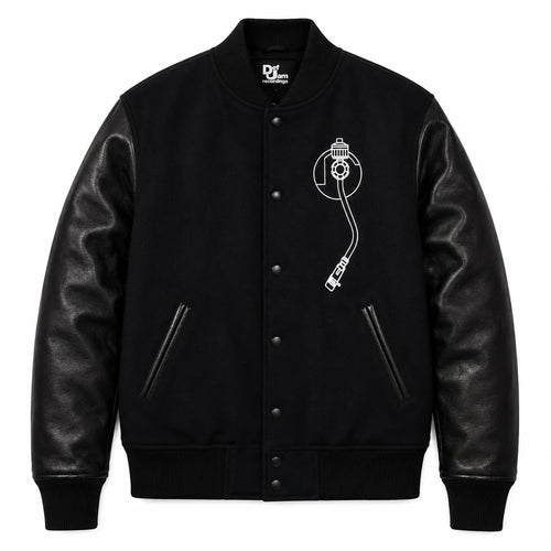 Front and back catalog layout of the Leveljacket Def Jam Recordings black varsity jacket, displaying a premium black wool body with black leather sleeves, custom white embroidered turntable needle art on the front chest, and a bold white Def Jam Recordings typography patch layout across the back.