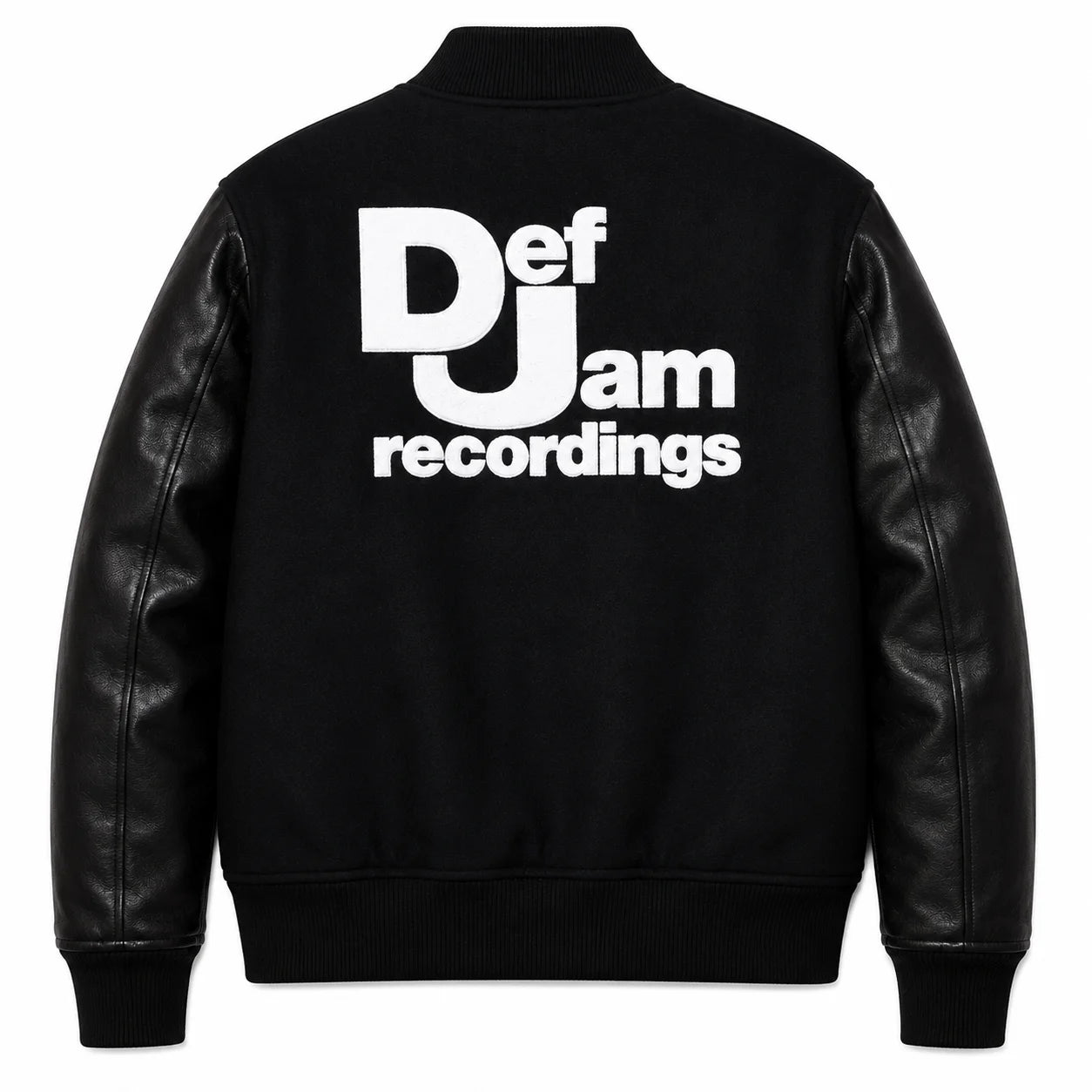 Front and back catalog layout of the Leveljacket Def Jam Recordings black varsity jacket, displaying a premium black wool body with black leather sleeves, custom white embroidered turntable needle art on the front chest, and a bold white Def Jam Recordings typography patch layout across the back.
