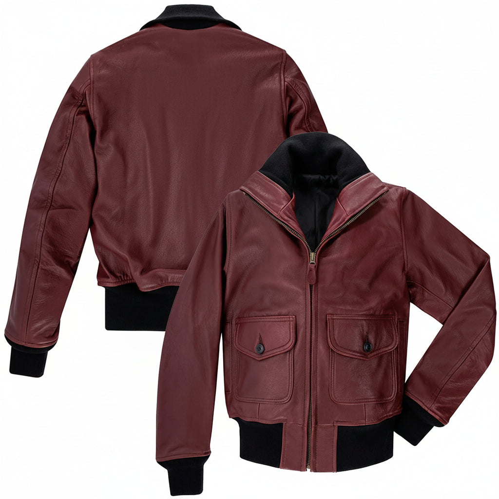 DUAZAN Handmade Women’s Sheepskin Leather Flight Jacket – Burgundy Duazan