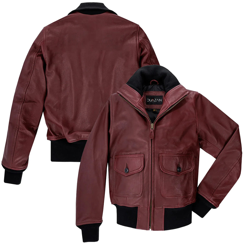 Leveljacket Women's Burgundy Leather Bomber Jacket — Handcrafted Genuine A2 Style Flight Jacket with Black Ribbed Finish
