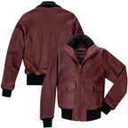 Leveljacket Women's Burgundy Leather Bomber Jacket — Handcrafted Genuine A2 Style Flight Jacket with Black Ribbed Finish