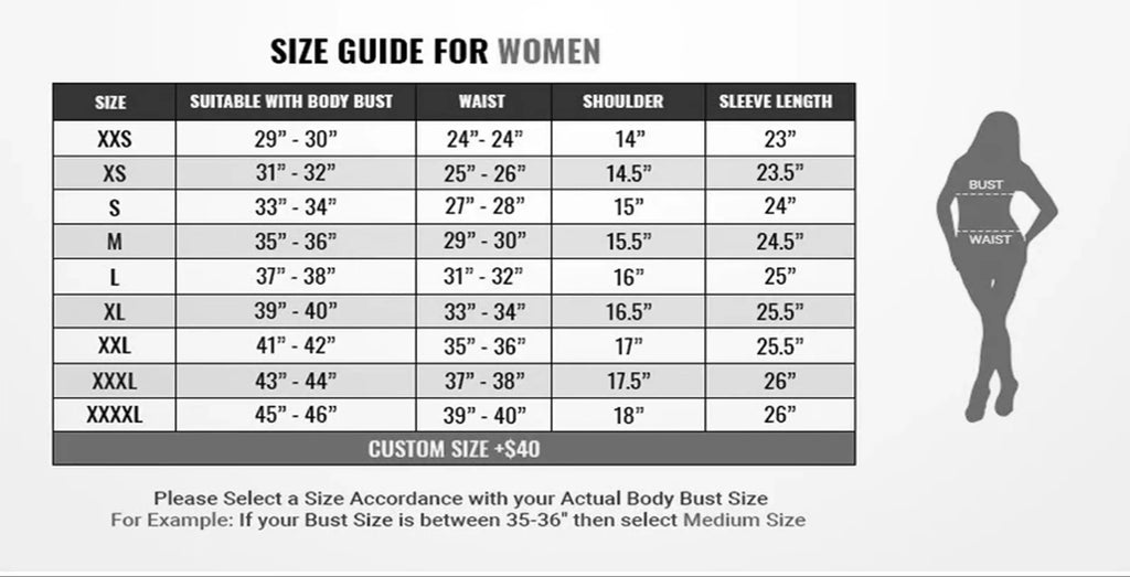 Size guide for men and women with body measurements on a white background