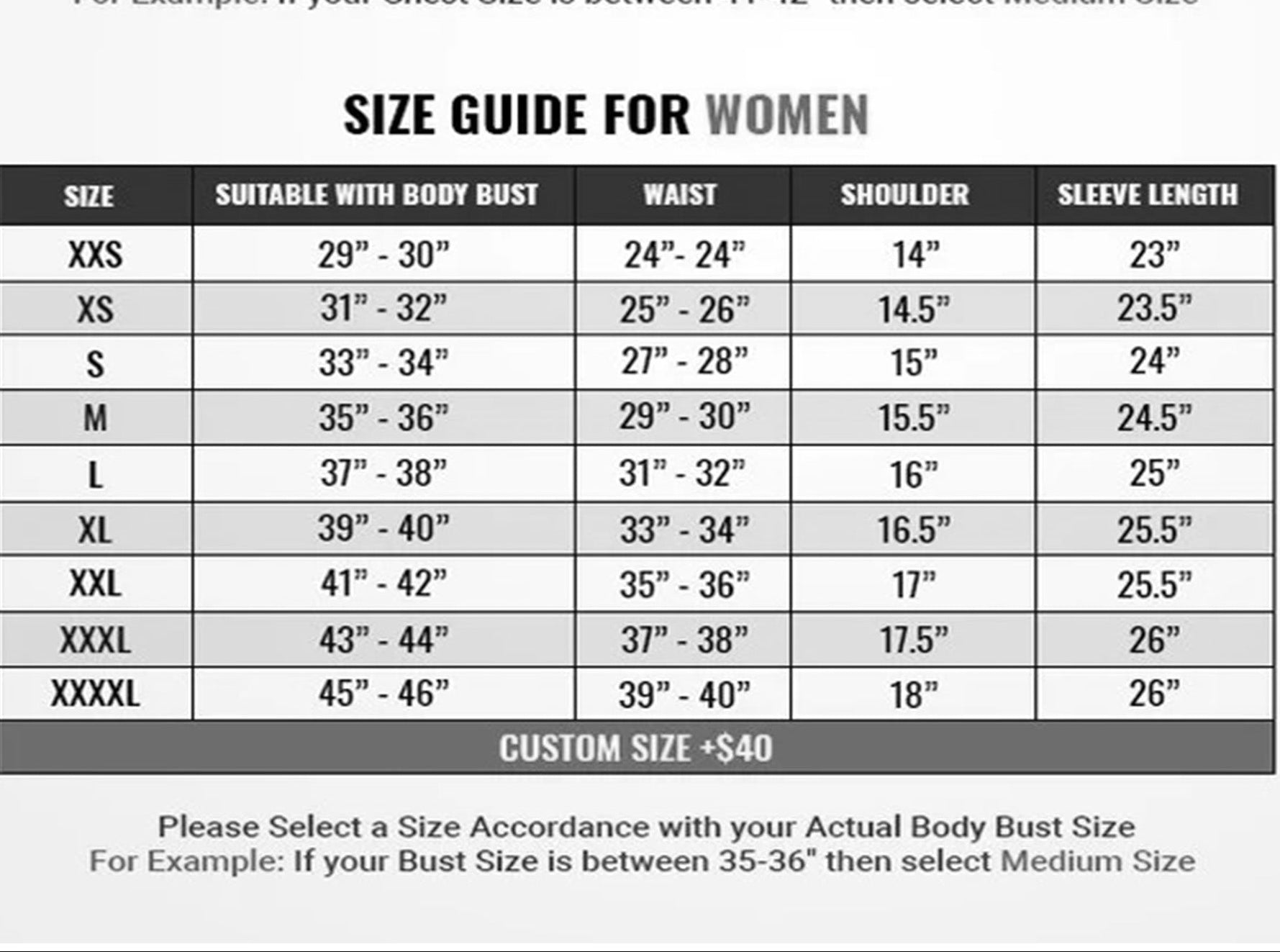 Size guide for men and women with body measurements on a white background