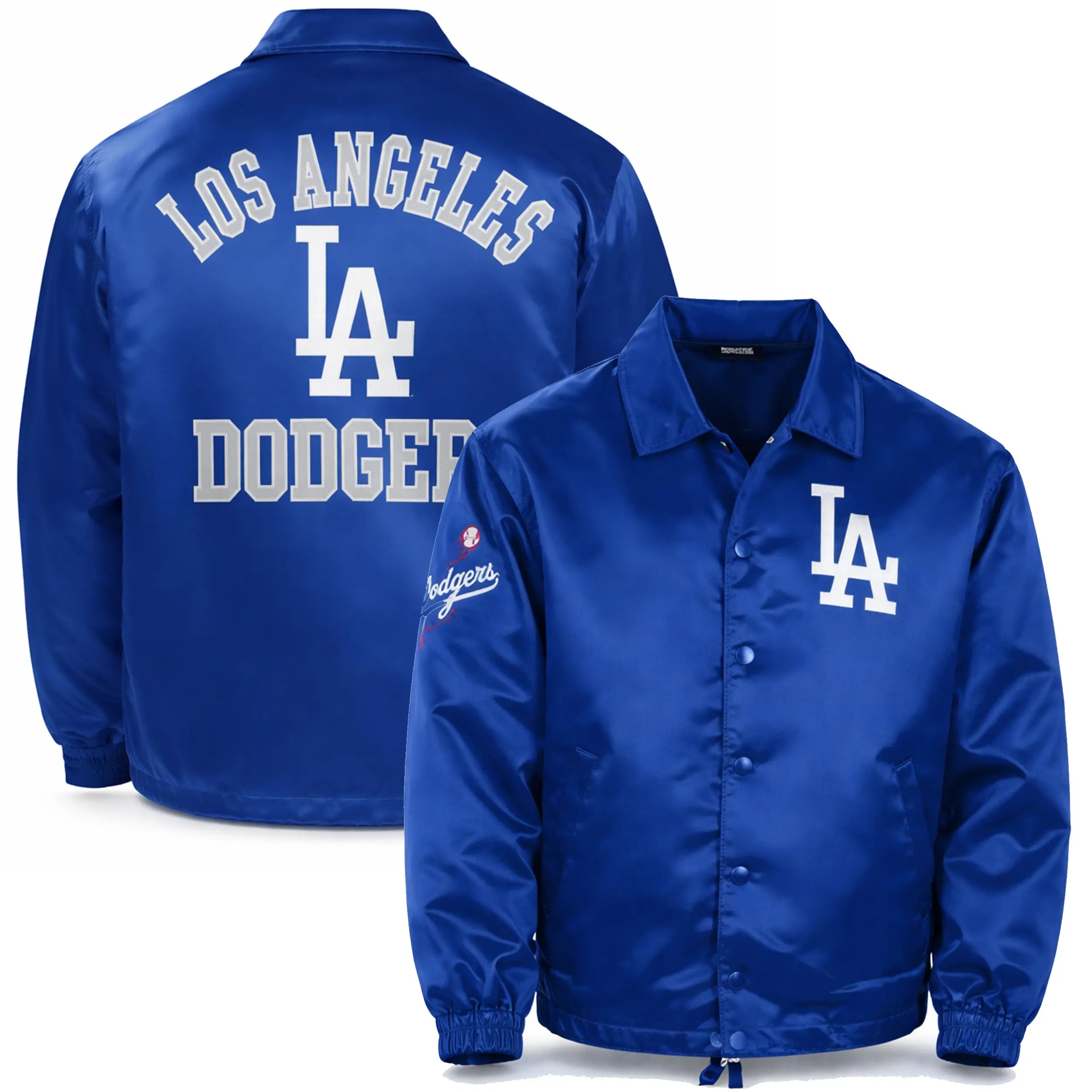 Men's LA Dodgers Satin Dugout Coach Jacket — Los Angeles Baseball Fan Jacket in Black & Royal Blue | Leveljacket - Leveljacket