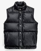 Front showcase of the Leveljacket Matte Black leather quilted puffer vest, detailing its wide horizontal thermal baffles, high insulated stand-up collar, front vertical zipper pockets, snap-button closure placket, and elasticated lower back hem.
