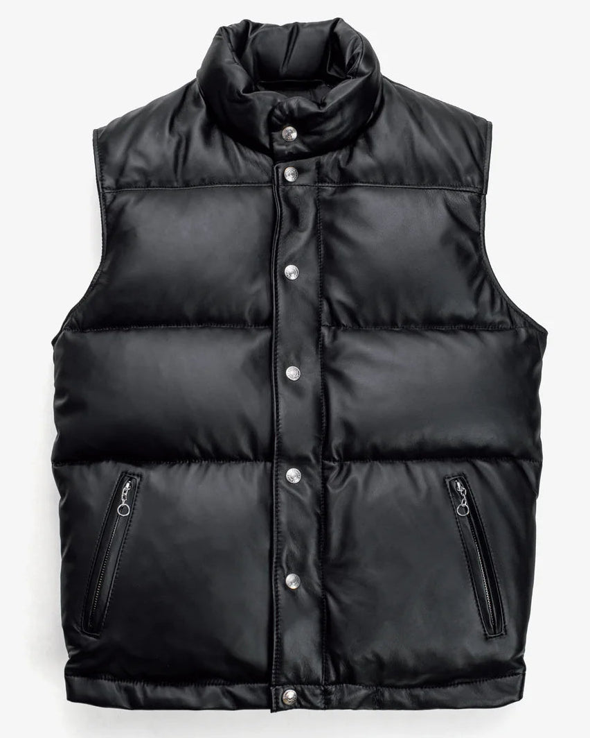 Front showcase of the Leveljacket Matte Black leather quilted puffer vest, detailing its wide horizontal thermal baffles, high insulated stand-up collar, front vertical zipper pockets, snap-button closure placket, and elasticated lower back hem.