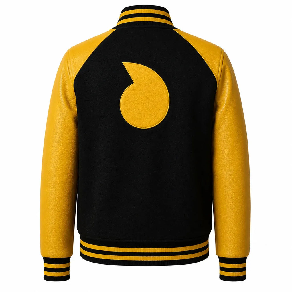 Black and yellow varsity jacket with a logo on the back against a white background