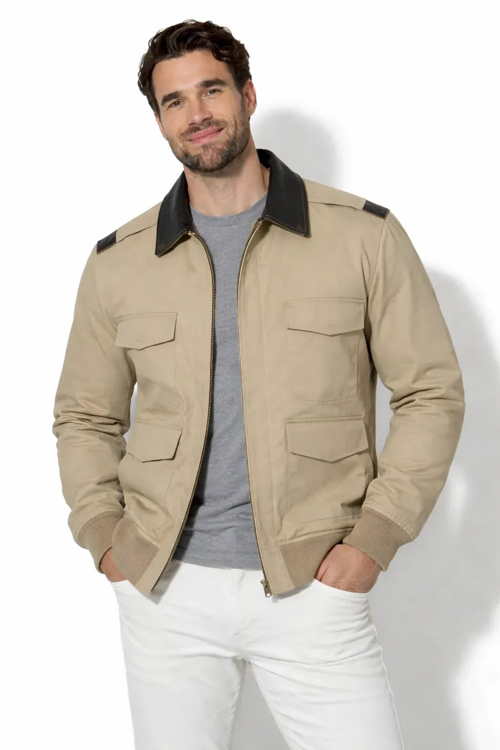Men's Khaki Cotton Twill Military Bomber Jacket — Leather Collar Flight Jacket | Leveljacket