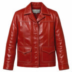 Front  views of the Leveljacket Tyler Durden Fight Club red leather jacket, showcasing its prominent 1970s wide lapels, 4-button front closure, large flap waist pockets, and detailed white contrast seam stitching.