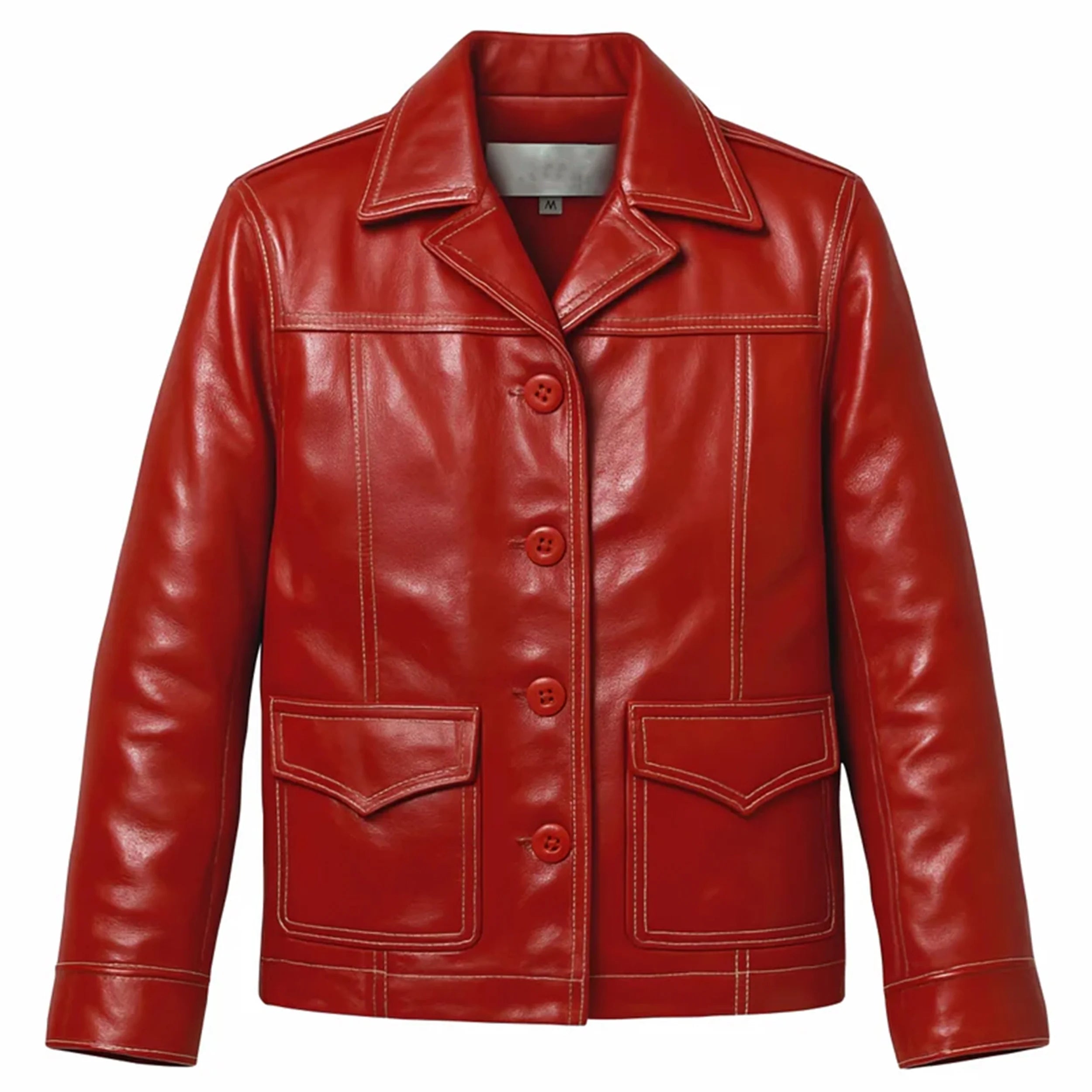 Front  views of the Leveljacket Tyler Durden Fight Club red leather jacket, showcasing its prominent 1970s wide lapels, 4-button front closure, large flap waist pockets, and detailed white contrast seam stitching.