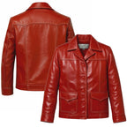 Front and back catalog views of the Leveljacket Tyler Durden Fight Club red leather jacket, showcasing its prominent 1970s wide lapels, 4-button front closure, large flap waist pockets, and detailed white contrast seam stitching.