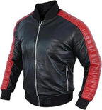 Miami Vice inspired black and red genuine leather bomber jacket by Leveljacket with quilted red panels and DTF back detail