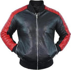 A black faux leather bomber jacket with red quilted shoulder and sleeve panels, featuring a black ribbed collar, cuffs, and hem, and a silver front zipper.
