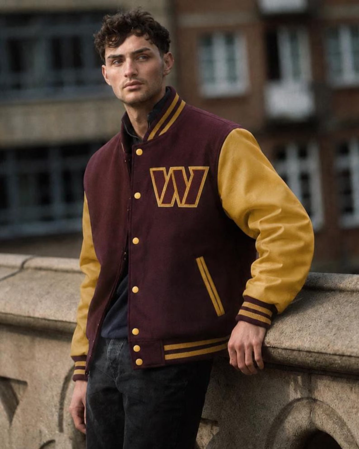 Burgundy Wool Varsity Jacket with Yellow Faux Leather Sleeves