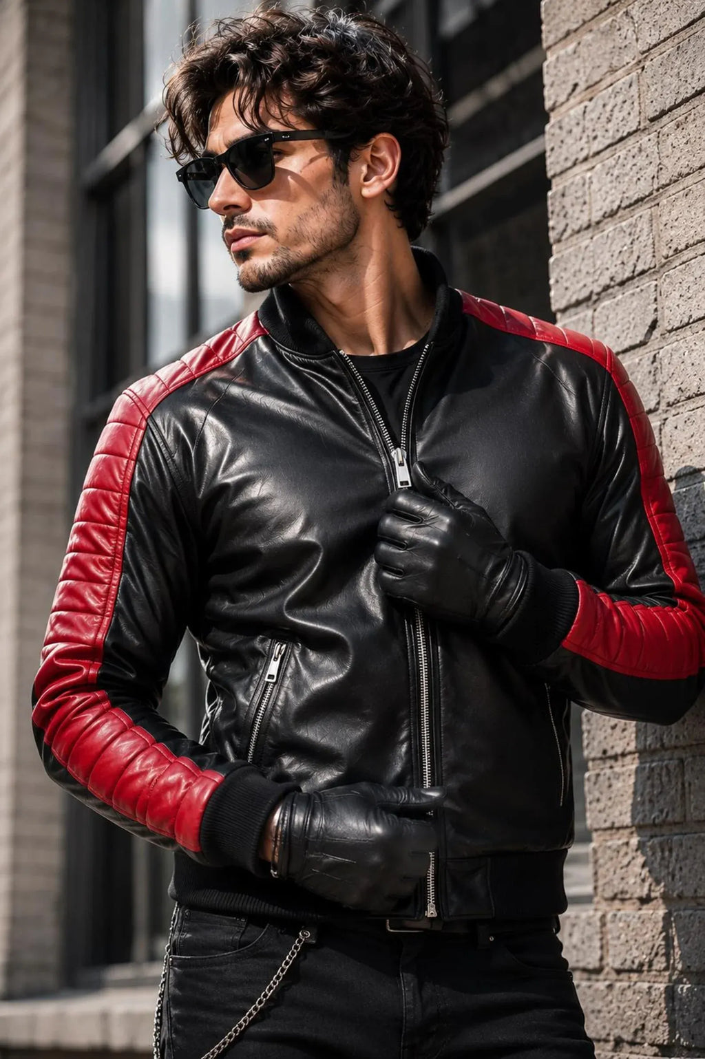 Miami Vice inspired black and red genuine leather bomber jacket by Leveljacket with quilted red panels and DTF back detail