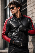 Miami Vice inspired black and red genuine leather bomber jacket by Leveljacket with quilted red panels and DTF back detail