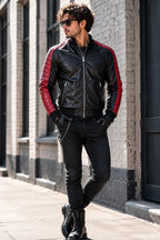 Miami Vice inspired black and red genuine leather bomber jacket by Leveljacket with quilted red panels and DTF back detail