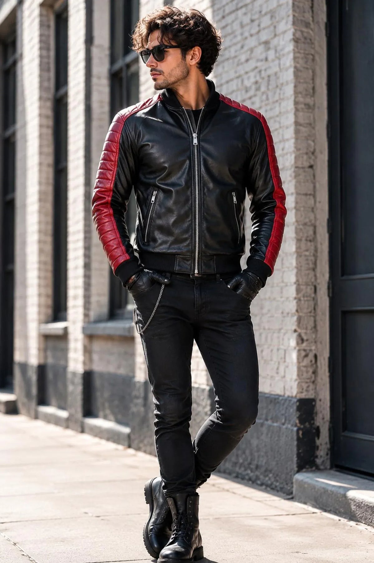 Miami Vice inspired black and red genuine leather bomber jacket by Leveljacket with quilted red panels and DTF back detail