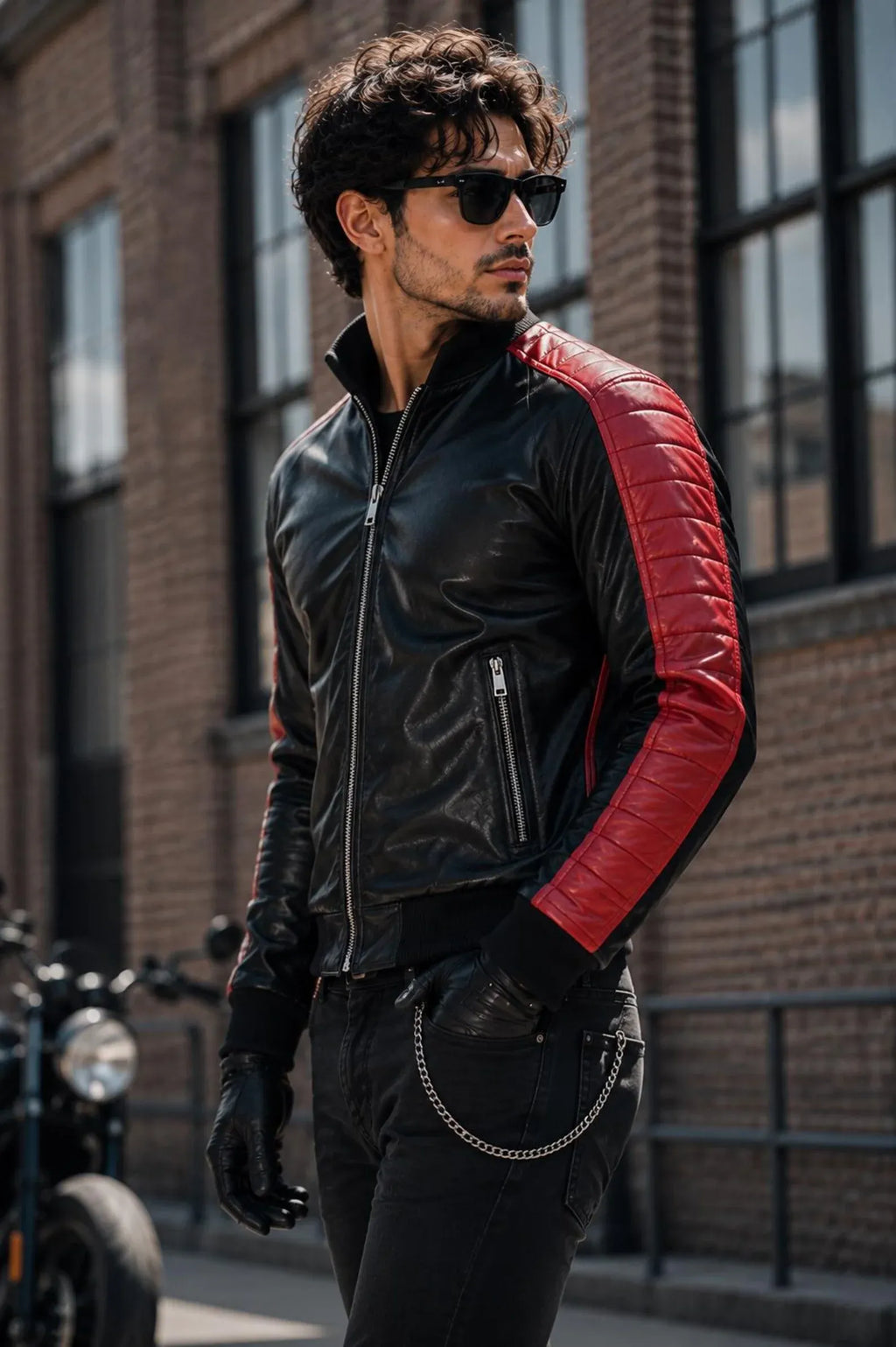 Miami Vice inspired black and red genuine leather bomber jacket by Leveljacket with quilted red panels and DTF back detail