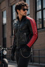 Miami Vice inspired black and red genuine leather bomber jacket by Leveljacket with quilted red panels and DTF back detail