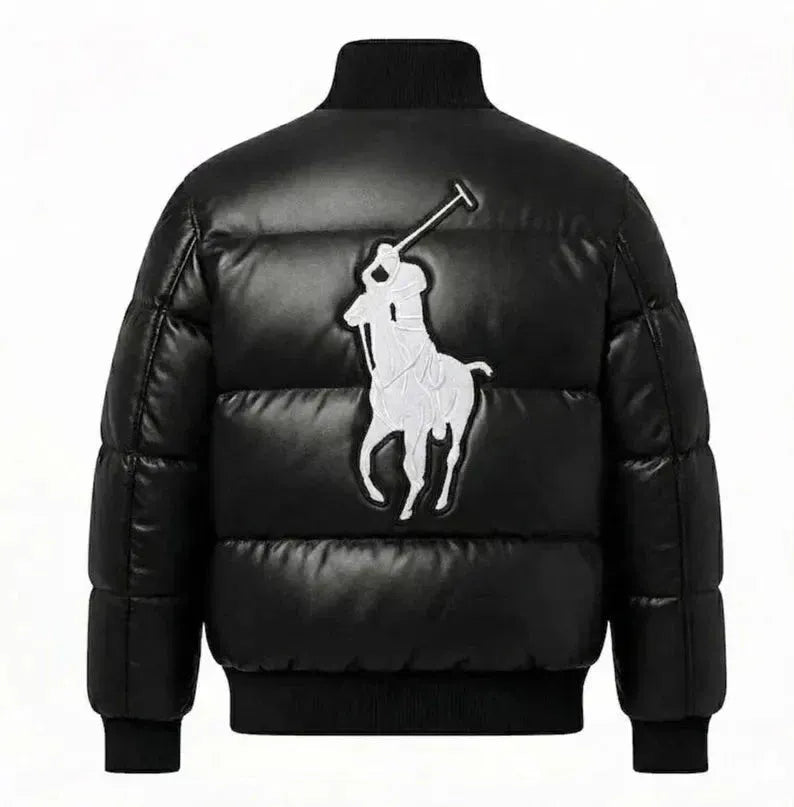 Men’s Black Faux Leather Puffer Jacket with Embroidered Patches Duazan
