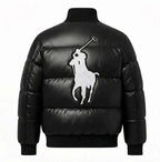 Men’s Black Faux Leather Puffer Jacket with Embroidered Patches Duazan