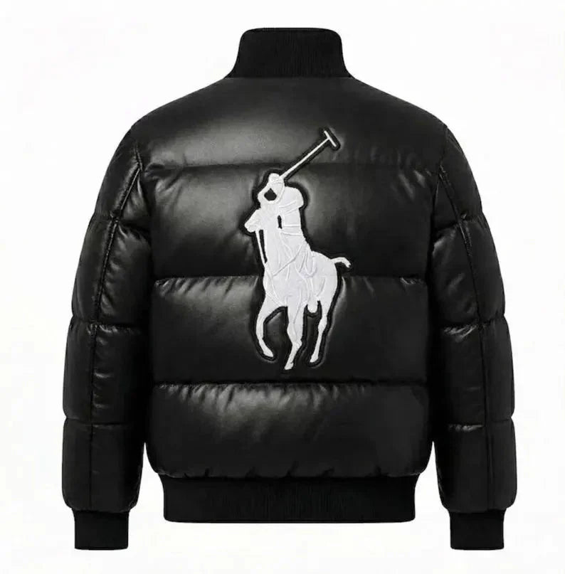 Men’s Black Faux Leather Puffer Jacket with Embroidered Patches Duazan