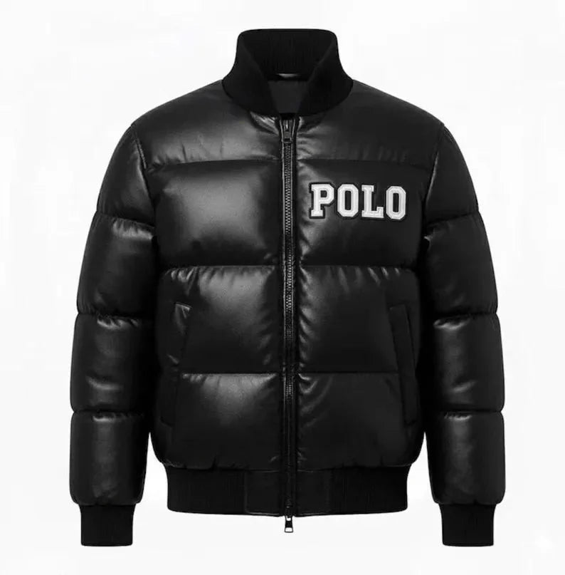 Men’s Black Faux Leather Puffer Jacket with Embroidered Patches Duazan