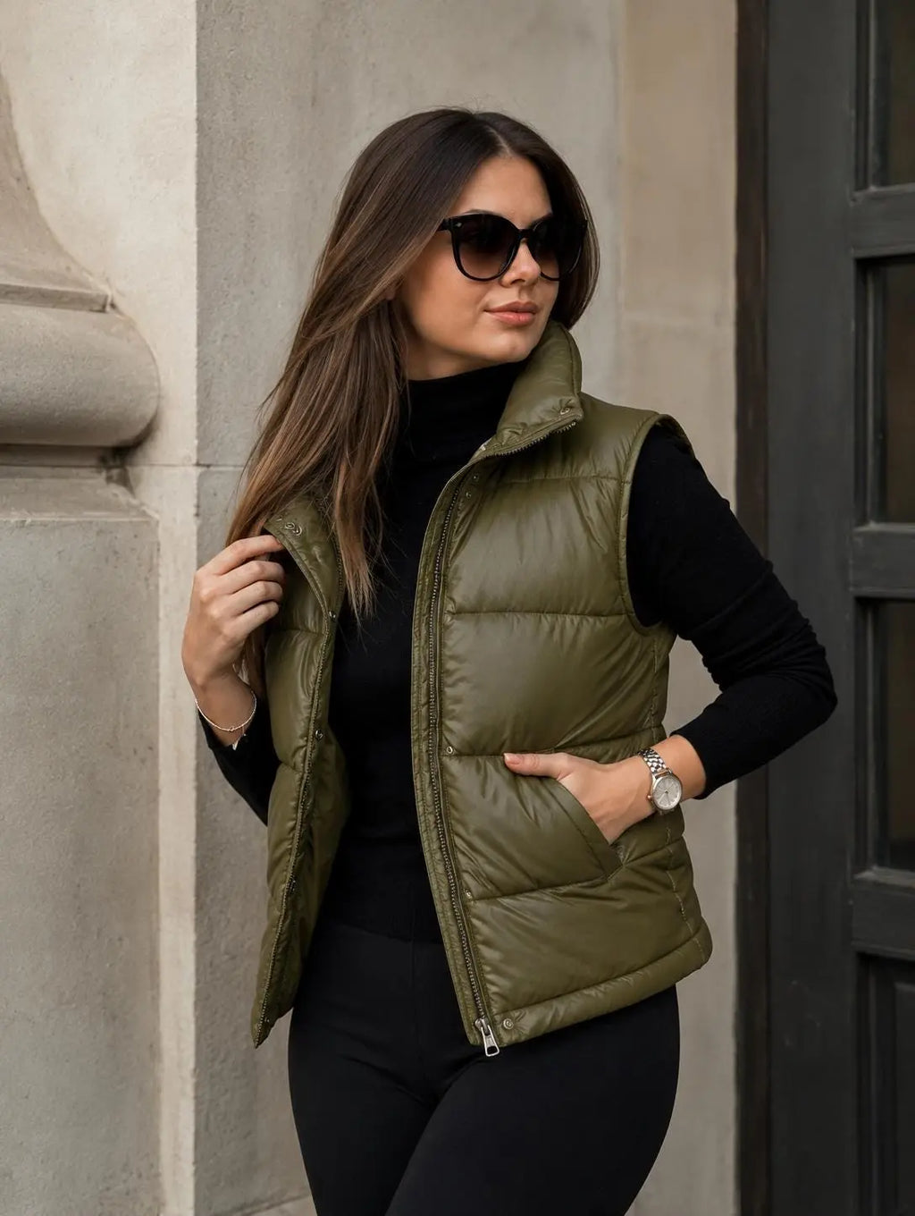 Handmade Genuine Lambskin Leather Puffer Vest | Olive Green Gilet