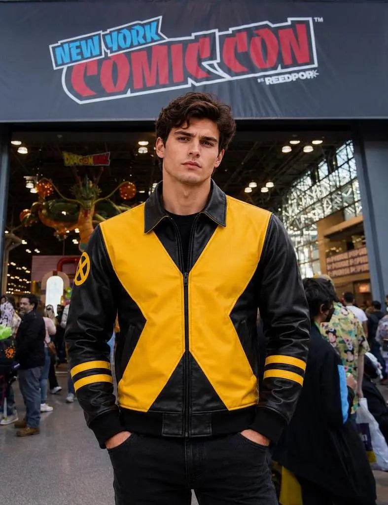 Handmade Mutant Hero Cosplay Bomber Jacket | Yellow Black Vegan Leather Comic Con Coat
