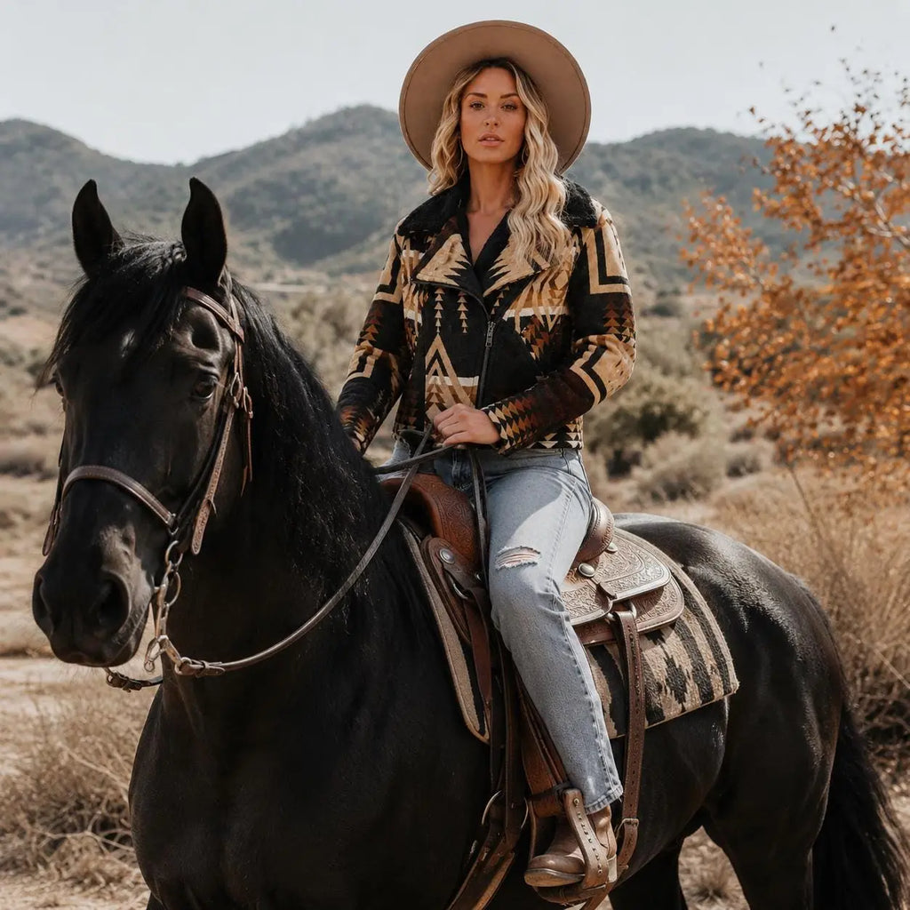 Kelly Reilly Aztec Moto Jacket | Handmade Wool Southwestern Biker Coat with Faux Shearling Collar | Beth Dutton Style