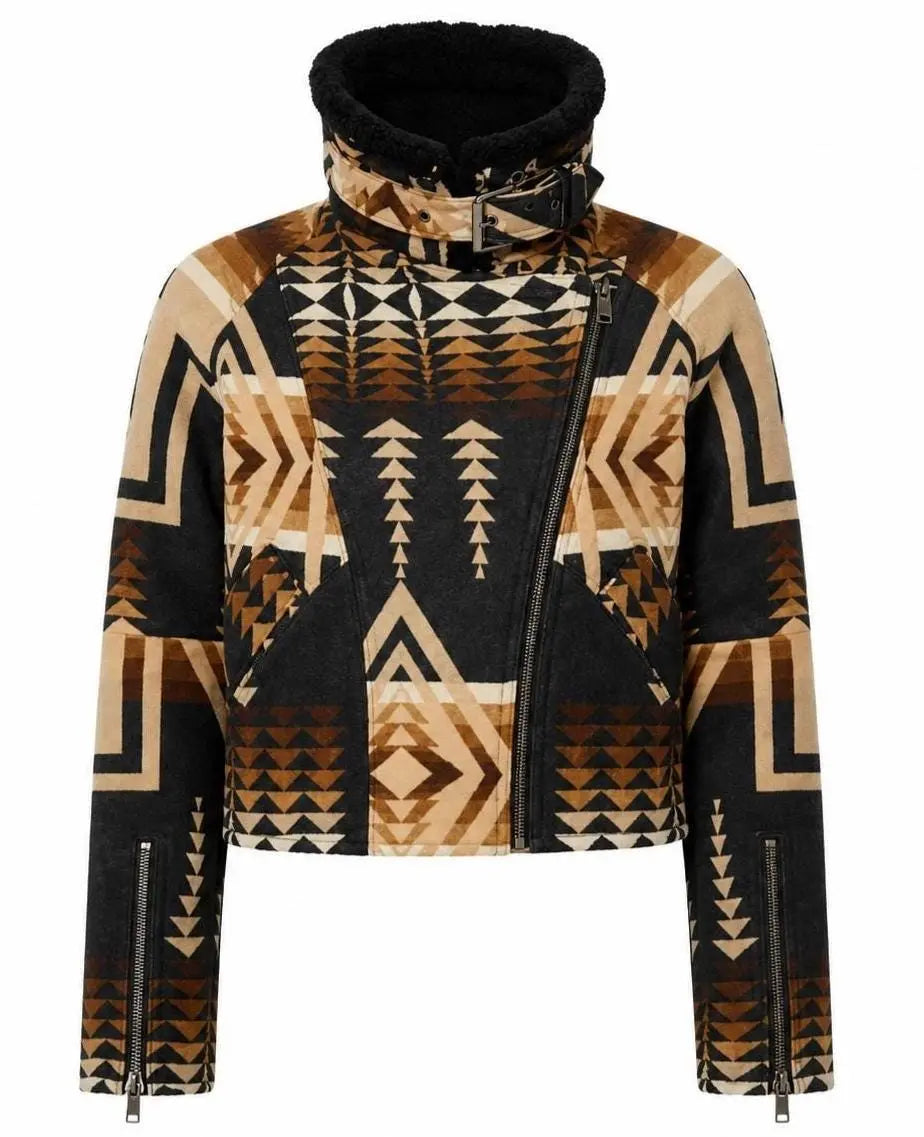 Kelly Reilly Aztec Moto Jacket | Handmade Wool Southwestern Biker Coat with Faux Shearling Collar | Beth Dutton Style