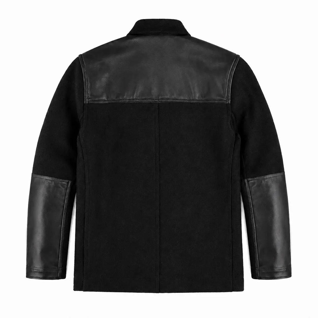Handmade Men's Black Wool Leather Donkey Jacket, Vintage Workwear Coat