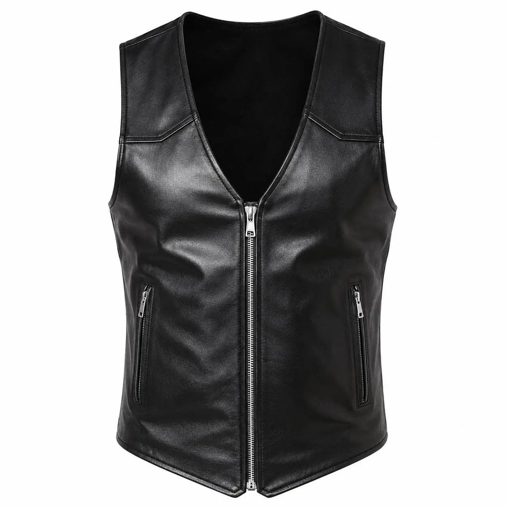 Handmade Men's Sheep Leather Gothic Vest | Sleeveless Punk Biker Zip-Up Waistcoat