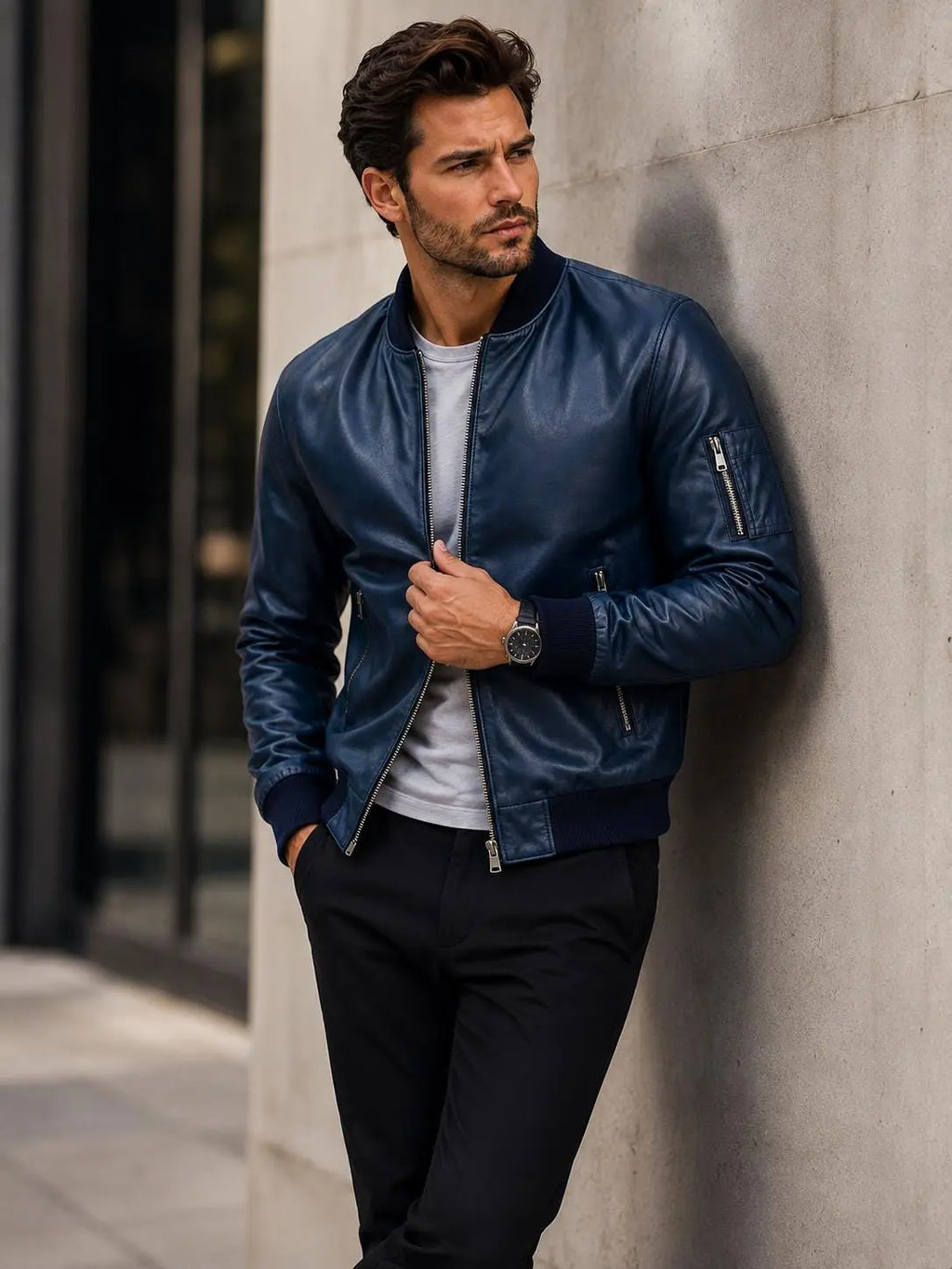 Handmade Men's Navy Blue Lambskin Leather Bomber Jacket | Gift for Him
