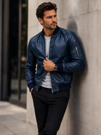 Handmade Men's Navy Blue Lambskin Leather Bomber Jacket | Gift for Him