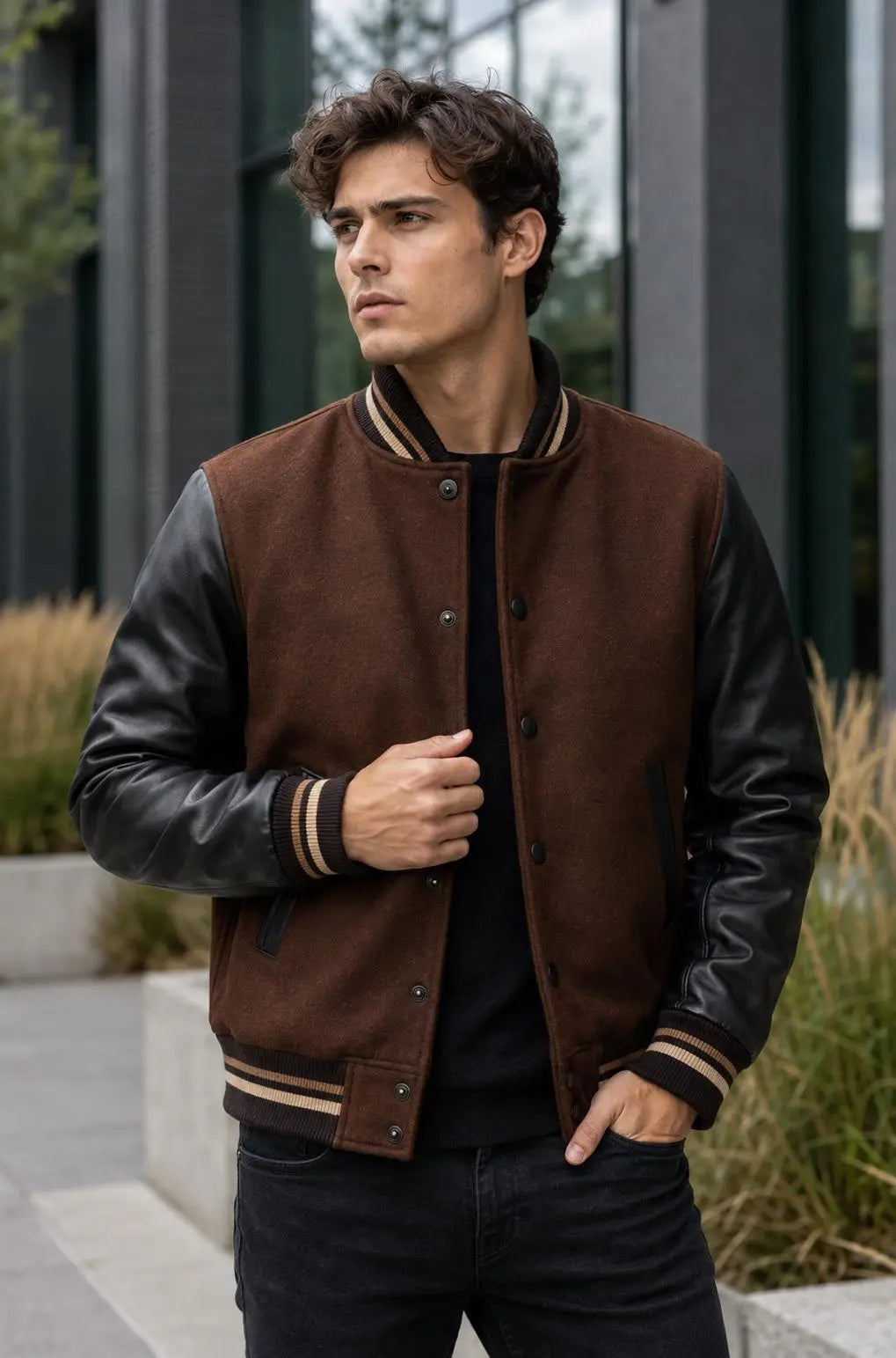 Handmade Brown Wool Varsity Jacket with Lambskin Leather Sleeves