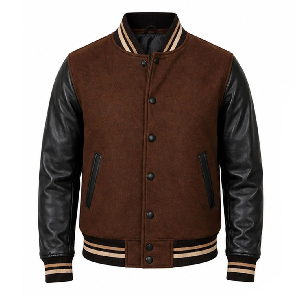 Handmade Brown Wool Varsity Jacket with Lambskin Leather Sleeves