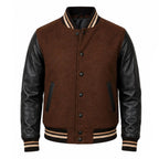 Handmade Brown Wool Varsity Jacket with Lambskin Leather Sleeves