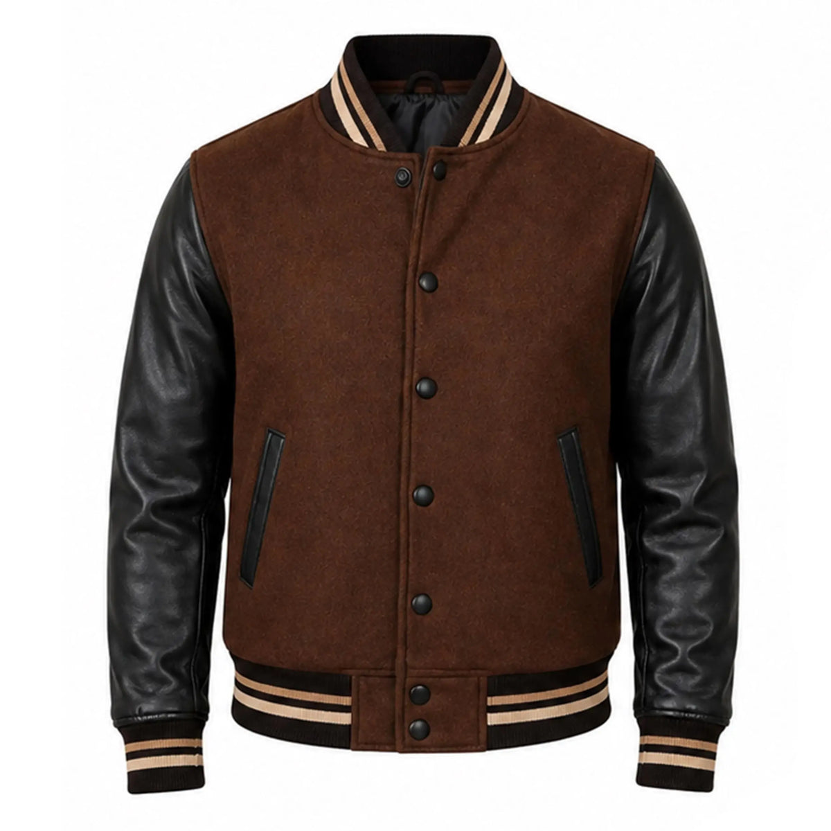 Handmade Brown Wool Varsity Jacket with Lambskin Leather Sleeves