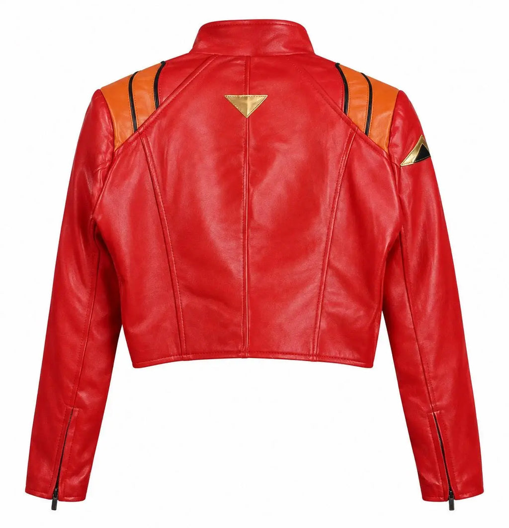 Red Orange Moto Crop Jacket – Handmade Anime Pilot Cosplay Lambskin Leather Jacket for Women