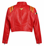 Red Orange Moto Crop Jacket – Handmade Anime Pilot Cosplay Lambskin Leather Jacket for Women