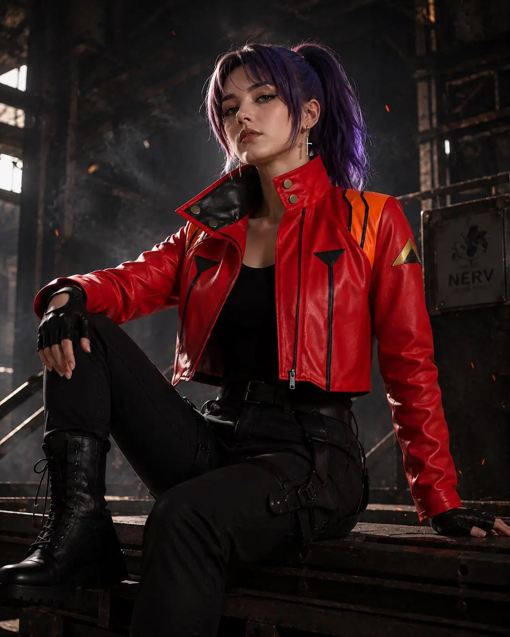 Red Orange Moto Crop Jacket – Handmade Anime Pilot Cosplay Lambskin Leather Jacket for Women