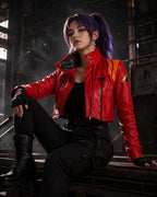 Red Orange Moto Crop Jacket – Handmade Anime Pilot Cosplay Lambskin Leather Jacket for Women