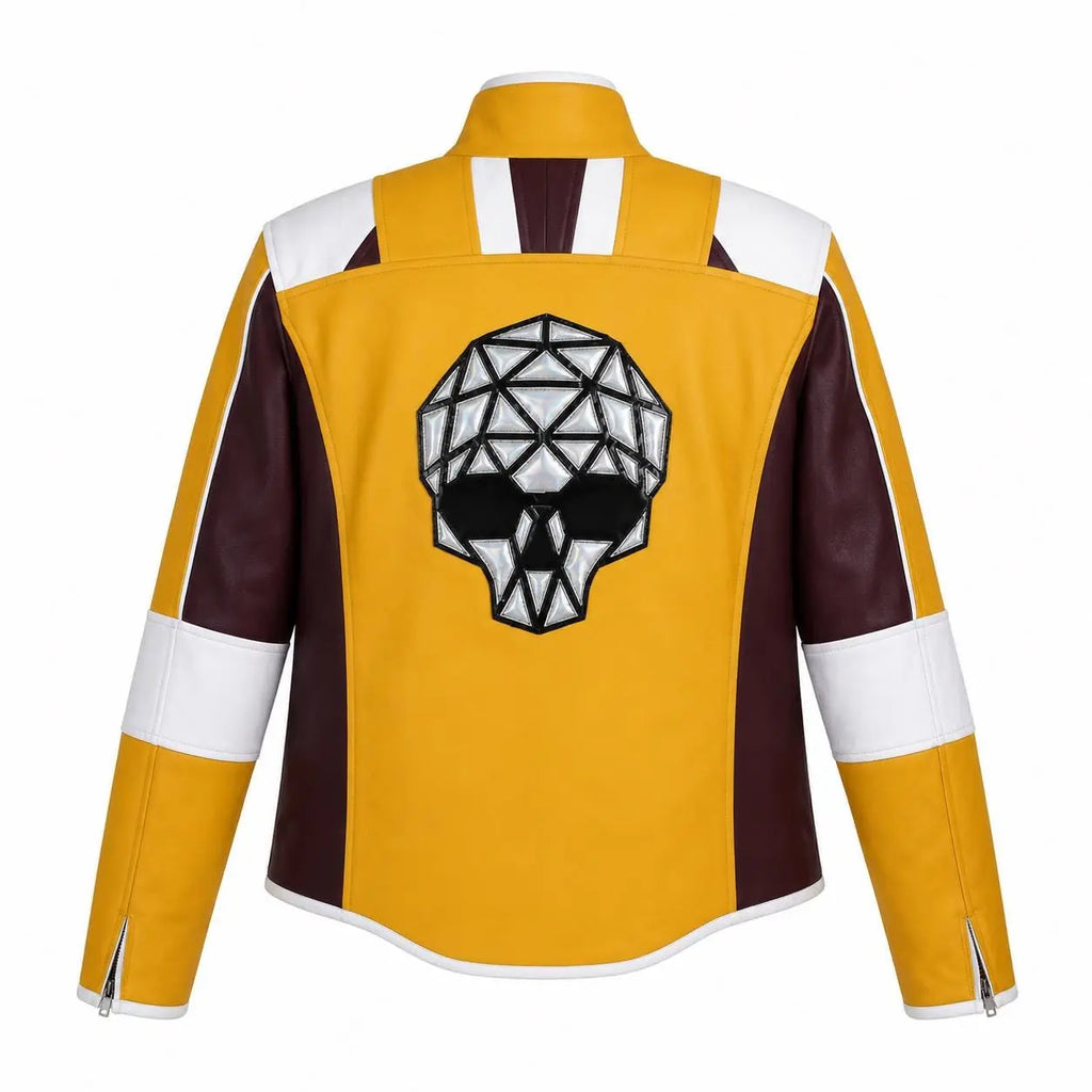 Handmade Skull Patch Cosplay Lambskin Leather Jacket for Men - Yellow Maroon Racer Jacket