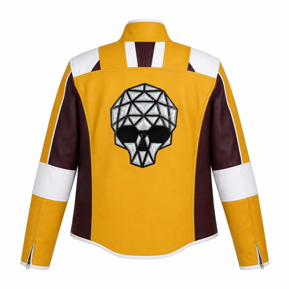 Handmade Skull Patch Cosplay Lambskin Leather Jacket for Men - Yellow Maroon Racer Jacket