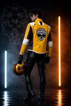Handmade Skull Patch Cosplay Lambskin Leather Jacket for Men - Yellow Maroon Racer Jacket