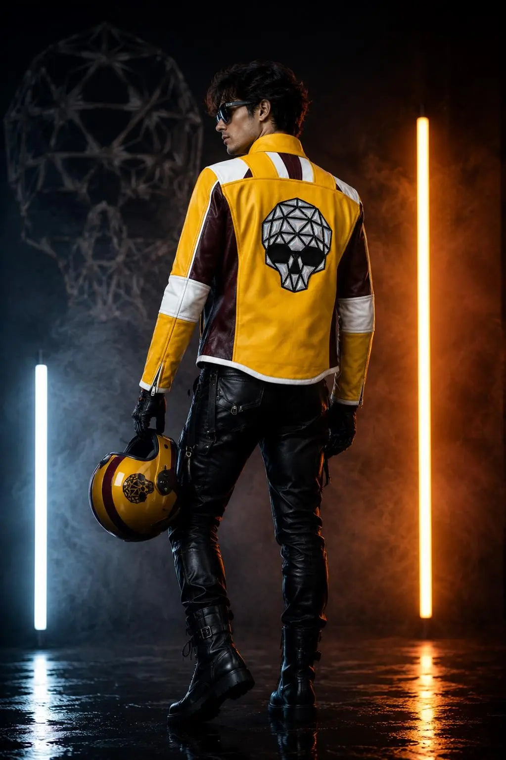 Handmade Skull Patch Cosplay Lambskin Leather Jacket for Men - Yellow Maroon Racer Jacket